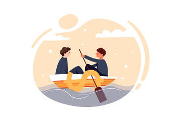 Businessmen sailing dollar boat