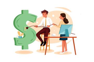 Businesspeople plugging cable in dollar