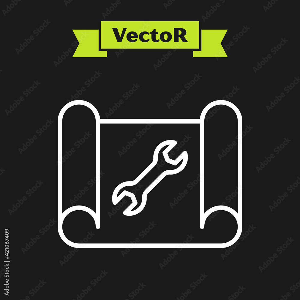 Poster white line graphing paper for engineering and wrench icon isolated on black background. vector