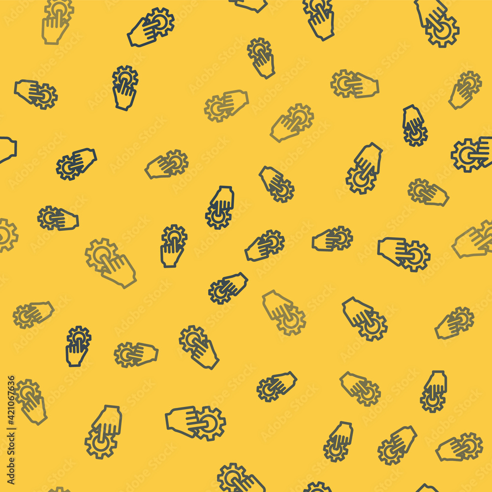 Poster blue line settings in the hand icon isolated seamless pattern on yellow background. vector