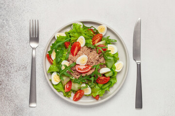 Plate of nicoise salad with tuna, boiled egg and vegetables. Top view