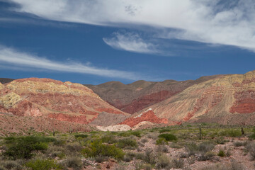 Hiking in the desert. Panorama view of the colorful rock and sandstone mountain in Humahuaca, Jujuy, Argentina.