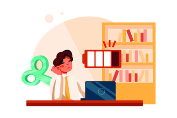 Tired businessman with Clockwork key and empty battery
