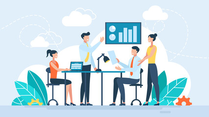 Workplace, Teamwork, Illustration, workers are sitting at the negotiating table, collective thinking and brainstorming, company information analytics