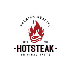 Hot Steak Resto Logo. Creative food logo combination in vintage or retro style featuring a steak and fire. Modern and classic logo combination.