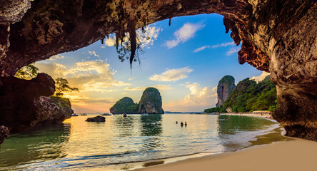 Phra Nang Cave Beach at sunset - Tropical coast scenery of Krabi - Paradise Travel destination in Thailand, Asia - obrazy, fototapety, plakaty