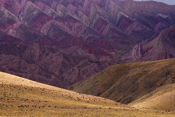 Natural background. Detail view of famous Hornocal mountain in Humahuaca. Jujuy, Argentina. The golden grassland and purple rock texture and pattern.  