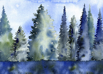 watercolor drawing fir trees
