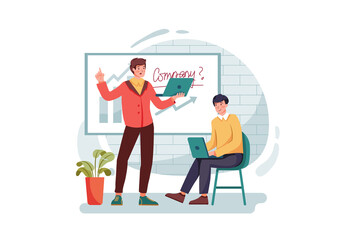 Businessman showing company growth to employee