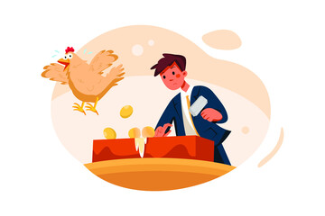 Businessman breaking golden egg and flying hen