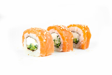 philadelphia maki rolls on white background