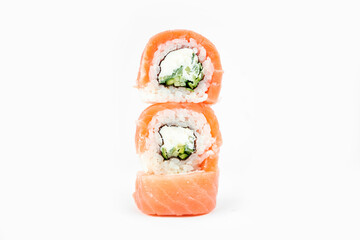 philadelphia maki rolls on white background