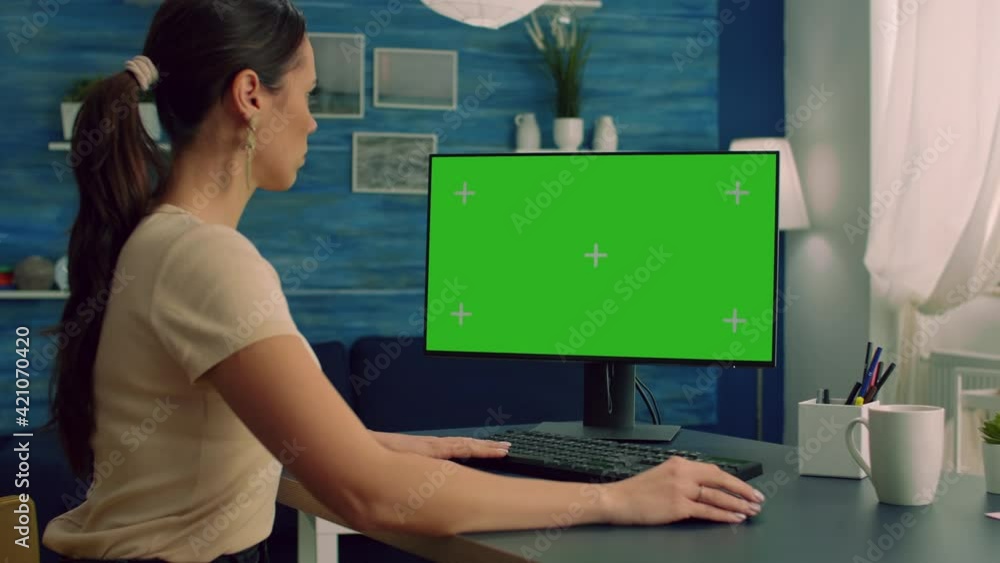 Poster woman working at business connection with teammates on computer with mock up green screen chroma key