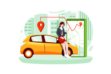 Woman near smartphone screen with route and points location on a city map on the car