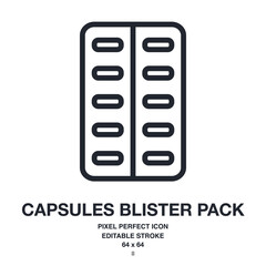 Capsules blister pack editable stroke outline icon isolated on white background vector illustration. Pixel perfect. 64 x 64.