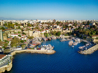 Aerial photograph of Antalya bay in Antalya city from high point of drone fly on sunny day in in...