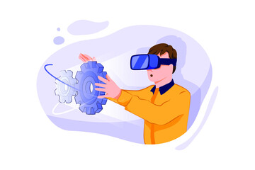 Computer science engineer wearing Virtual Reality headset works with 3D model hologram visualization