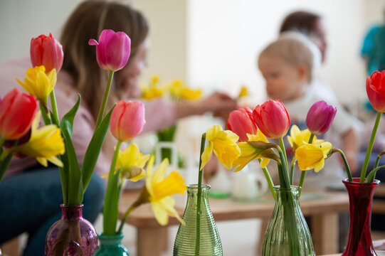 Concept of spring holiday, womens day or mothers day in montessori school