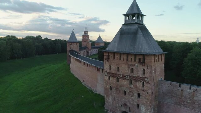 Russia, Velikiy Novgorod. Aerial View of Russian Orthodox Church. Novgorod Detinets also Novgorod Kremlin