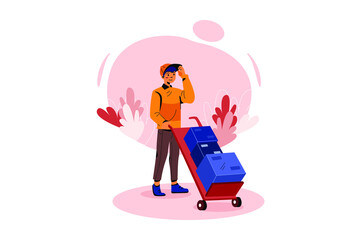 Delivery man deliver multi and heavy packages on the delivery cart Illustration