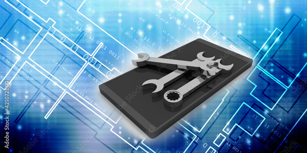 Poster 3d rendering mobile phone with wrench and spanner