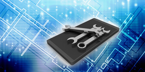 3d rendering mobile phone with  wrench and spanner