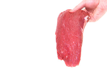 Fresh beef in hand on white background. The shoulder blade is one of the most tender parts of beef. Healthy food concept.Close-up. Space for text