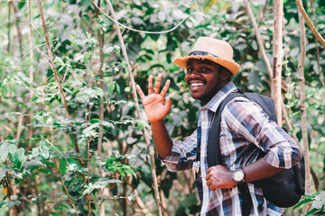 Happiness African man traveler with backpack walking  in the forest