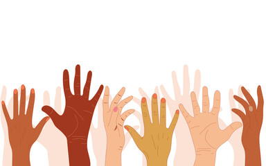 Obraz premium Hands of people with different skin colors, different nationalities and religions. Activists, feminists and other communities are fighting for equality. White background. Vector graphics.