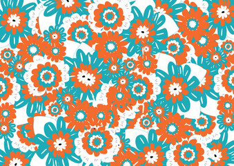 Fototapeta na wymiar Creative hand drawn mixed flowers background, cartoon style, orange turquoise white color combination, seamless pattern for wallpaper, packaging design, ...