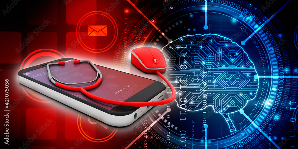 Poster 3d rendering mobile phone with stethoscope