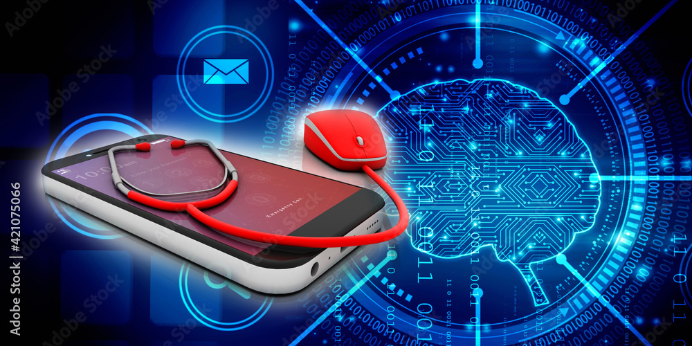 Poster 3d rendering mobile phone with stethoscope
