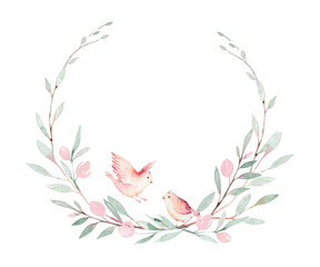 Fototapeta na wymiar Spring bird on blooming branch with green leaves and flowers wreath. Watercolor wedding invitation card blossom painting. Hand drawn pink wreath design. Cherry isolated branch decoration.