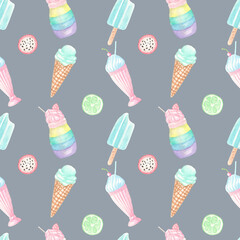 Seamless blue pattern. Ice cream and cakes.