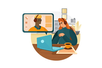 Online Interview. Businesswoman wear headphones listen to candidate answers during online Interview