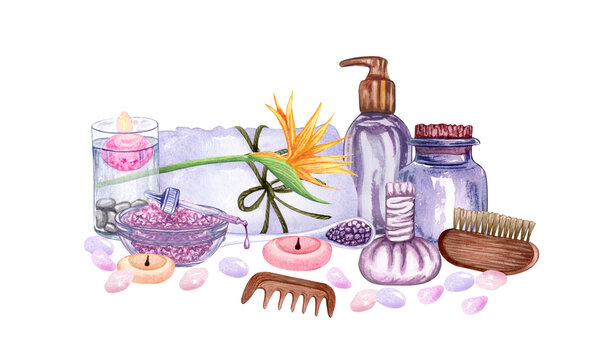 watercolor SPA set. Bath collection of oil, flower, salt, towel, stones, candels, aroma stiks.