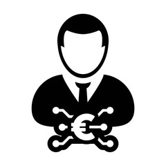 Cash icon vector digital euro currency with male user person profile avatar for digital wallet in a glyph pictogram illustration