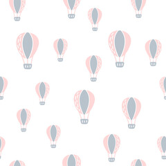 Fototapeta premium Vector scandinavian baby seamless pattern of colorful air balloons isolated on white background. Simple kids illustration texture for nordic wallpaper, fills, web page background