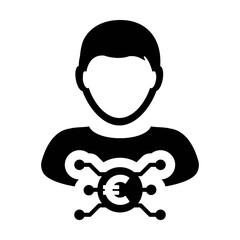 Coin icon vector digital euro currency with male user person profile avatar for digital wallet in a glyph pictogram illustration