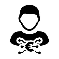 Money icon vector digital euro currency with male user person profile avatar for digital wallet in a glyph pictogram illustration