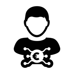 Coin icon vector digital euro currency with male user person profile avatar for digital wallet in a glyph pictogram illustration