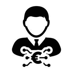 Euro icon vector digital money symbol with male user person profile avatar for wallet in a glyph pictogram illustration