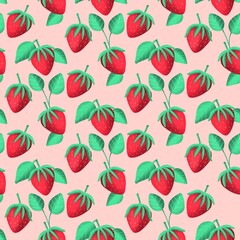 red Strawberry seamless pattern. Red berry. Texture for fabric, wrapping, wallpaper. Food print for kitchen tablecloth, curtain or dishcloth. Hand drawn doodle wallpaper. Strawberry background