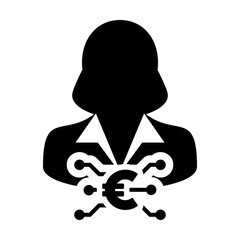 Euro icon vector digital money symbol with female user person profile avatar for wallet in a glyph pictogram illustration