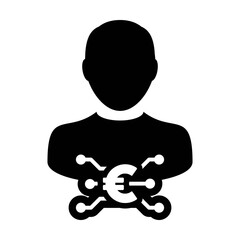 Avatar icon vector digital euro currency with male user person profile for digital wallet in a glyph pictogram illustration