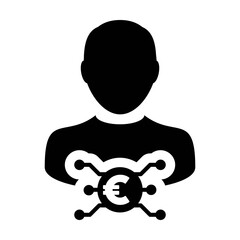 Digital euro currency icon vector symbol with male user person profile avatar for digital currency in a glyph pictogram illustration