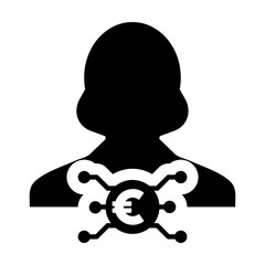 Digital euro icon vector currency symbol with female user person profile avatar for digital currency in a glyph pictogram illustration