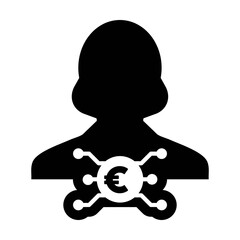 Digital euro icon vector currency symbol with female user person profile avatar for digital currency in a glyph pictogram illustration