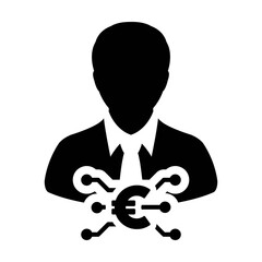 Euro icon vector digital money symbol with male user person profile avatar for wallet in a glyph pictogram illustration