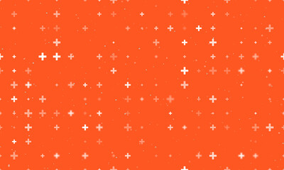 Seamless background pattern of evenly spaced white plus symbols of different sizes and opacity. Vector illustration on deep orange background with stars - obrazy, fototapety, plakaty